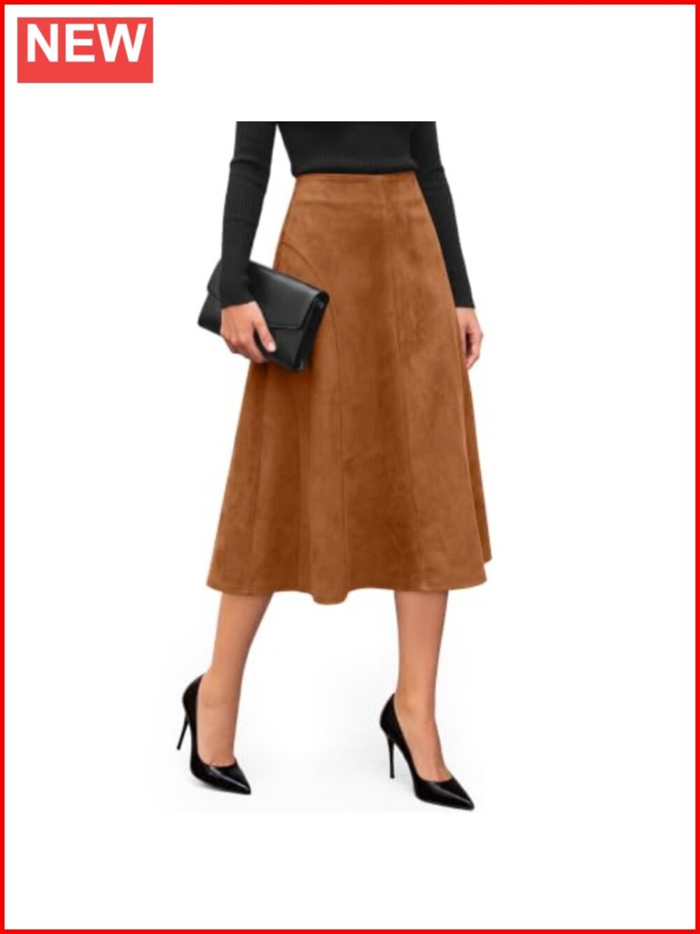 Faux Suede Midi Skirt High Waist A Line Women Elastic Waist